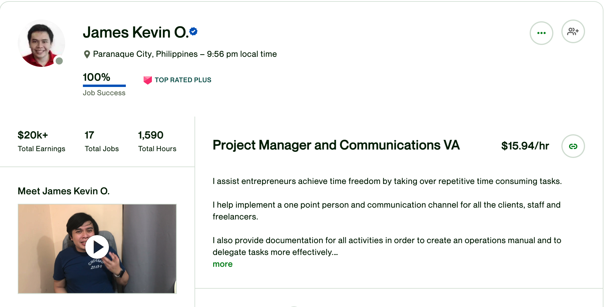 Kevin Olega Upwork status